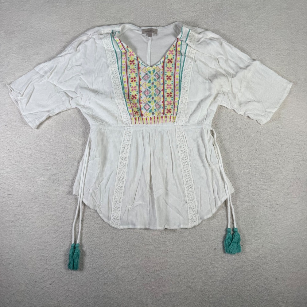 Wonderly Peasant Blouse Womens Small White Excellent Boho Embroidered Tassels